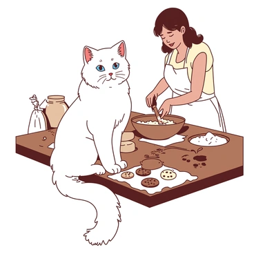 A white ragdoll cat is sitting on a brown kitchen counter, its blue eyes focused intently on a person in the background who is preparing to bake cookies. The counter is cluttered with baking ingredients including a bag of flour, a bowl filled with chocolate chips, and a rolling pin. The person is wearing a white apron and is mixing dough in a large bowl. In the foreground, the cat's fluffy tail hangs over the edge of the counter, adding to the scene's cozy atmosphere.