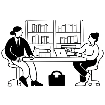 Two lawyers in formal attire are seated at a large conference table, each with a pile of case files in front of them. One lawyer is pointing to a document while the other is leaning forward, listening intently. A pen and a notepad are placed in the center of the table. A laptop is open beside the case files, and a briefcase is resting against the table leg. The room has a professional atmosphere, with bookshelves filled with legal books lining the walls.