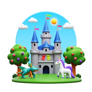 An illustrated scene featuring a grand castle with tall spires and colorful banners fluttering in the wind. Surrounding the castle are whimsical creatures, including a small dragon with vibrant scales and oversized wings, and a unicorn with a shimmering mane. Lush green trees with vibrant flowers frame the scene, while fluffy clouds and a bright sun adorn the blue sky above.