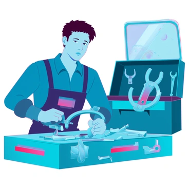 A mechanic with short brown hair and wearing a blue jumpsuit is focused on repairing a pair of broken handcuffs in a well-lit workshop. The workshop is filled with various tools, such as wrenches, pliers, and screwdrivers, arranged on a workbench. The mechanic is using a bright LED work light to illuminate the handcuffs, which are made of shiny metal but have visible scratches and a broken clasp. Small metal parts are scattered around the workbench, and there is a large toolbox in the background with a slightly open lid, showcasing more tools. The atmosphere is one of concentration and precision as the mechanic carefully examines the handcuffs, ready to fix them.