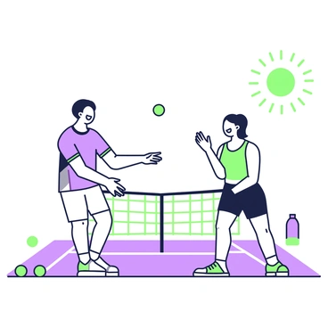 Two friends are playing tennis on a court under a clear sky. One friend, wearing a blue tennis shirt and white shorts, is about to serve the ball, while the other friend, dressed in a green tank top and black shorts, is ready to receive. They are both smiling and laughing, conveying a sense of joy and camaraderie. The tennis net is in the center of the court, with bright lines marking the boundaries. Around the court, there are a few tennis balls scattered on the ground and a water bottle placed on the sidelines. The sun is shining brightly, creating shadows on the court surface.