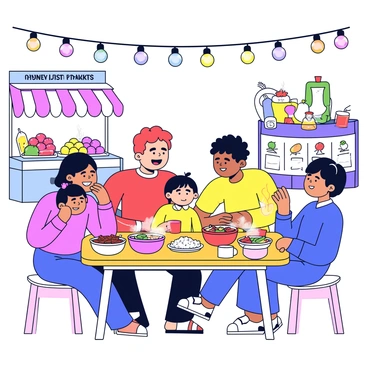 A happy family gathered around a cozy wooden table. The table is filled with various colorful dishes of food, including steaming bowls of soup and platters of rice. The family members, consisting of two adults and two children, are smiling and sharing stories. The scene is illuminated by soft string lights hanging above, casting a warm glow. Stalls from the night market are visible in the background, displaying vibrant fruits and snacks. The atmosphere is lively with hints of other families enjoying their meals nearby.