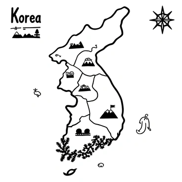 A detailed map of Korea divided into provinces, showcasing illustrated capitals with distinct landmarks. Each capital is marked with a small icon that represents a notable feature or cultural aspect. Geographical features such as mountains, rivers, and forests are clearly outlined and labeled. The map includes a compass rose in one corner, and decorative elements like playful animals are integrated into the landscape, providing an engaging educational aspect for children.