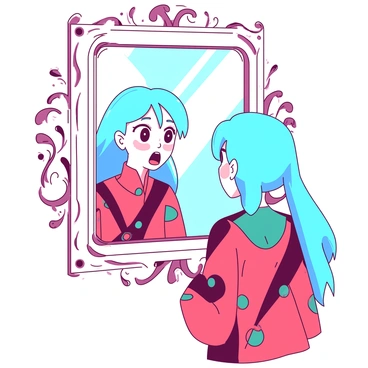 A character with bright blue hair is standing in front of a large ornate mirror, staring at their own reflection with wide eyes and an open mouth showing surprise. The character is wearing a colorful outfit with a mix of red and teal patterns. The background features soft, blurred colors that enhance the focus on the character and their reflection. The mirror's frame is intricately designed with floral motifs, adding a sense of elegance to the scene.