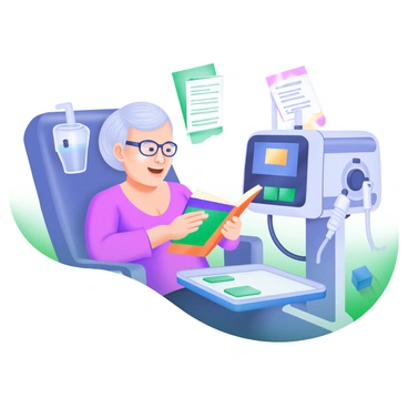 A senior patient with gray hair and glasses is sitting comfortably in a hospital chair, reading a book. The book has a colorful cover, and the patient appears focused on the pages. Next to the chair, a dialysis machine is visible, with tubes connecting to the patient's arm. The machine displays a digital screen with various readings. Surrounding the patient are medical supplies, like a tray with water and a few medical pamphlets. The setting conveys a sense of calm and focus during the treatment.