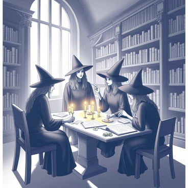 A group of witches is gathered in a grand library filled with towering shelves of ancient books. The witches are dressed in flowing robes that drape elegantly around them. Candlelight flickers, casting soft shadows on their focused faces as they share spells and secrets. One witch is seated at a large, ornate wooden table, with an open book in front of her, while another stands beside her, pointing at a page filled with intricate diagrams. There are scrolls and potion ingredients scattered across the table, adding to the atmosphere of magic and wisdom. The high ceiling of the library is adorned with intricate carvings, and large arched windows allow soft light to filter in.