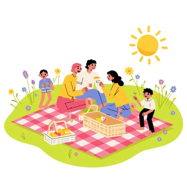 A family of four is having a picnic on a vibrant green meadow. The parents are sitting on a red-and-white checkered blanket, smiling and enjoying their meal. The two children, a boy and a girl, are playing nearby, with the girl picking colorful wildflowers. The meadow is dotted with various wildflowers in shades of yellow, purple, and pink, creating a cheerful atmosphere. A picnic basket with an open lid sits on the blanket, revealing sandwiches and fruit. The sun is shining brightly, casting warm light over the scene.
