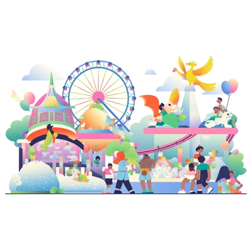 A vibrant amusement park scene is filled with various rides and attractions powered by mythical creatures. In the foreground, a roller coaster with cars designed like dragon wings soars through the air, with bright colored dragons flying alongside it. Nearby, a carousel features unicorns and griffins as the mounts, each adorned with sparkling decorations and shimmering colors. Families are enjoying the park, with children laughing and pointing at a fountain that spouts water in the shape of mermaids. In the background, a towering Ferris wheel is illuminated with colorful lights, while a giant phoenix statue overlooks the festivities, its wings spread wide. Balloons shaped like magical creatures float above the crowd, adding to the enchanting atmosphere.