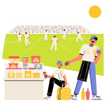 A cricket game happening on a green field with players wearing white uniforms and a crowd of spectators in the background. The vendor is set up on the side, displaying a colorful array of snacks such as popcorn, chips, and candy in vibrant containers. The vendor, a smiling character with a striped apron, is handing a bag of snacks to a young boy. Nearby, a small table holds drinks in bright bottles. The sun is shining brightly, illuminating the scene with a lively atmosphere.