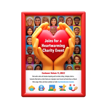 A subway advertisement featuring a large, vibrant heart symbol made of diverse hands coming together. The background showcases a collage of smiling faces representing different ages and ethnicities, all radiating positivity. At the center, the text "Join Us for a Heartwarming Charity Event" is prominently displayed in bold letters. Below, there are details of the event date and location, surrounded by small icons of community activities like food drives and volunteer efforts. The overall color scheme includes warm tones of red, orange, and yellow, creating an inviting atmosphere.