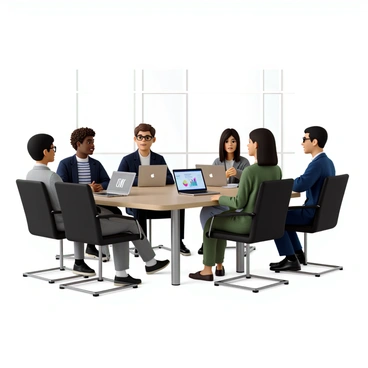 A group of diverse professionals sitting around a modern conference table. There are three men and two women, all engaged in a virtual meeting. Each individual has a laptop open in front of them, displaying colorful charts and graphs. The room has bright overhead lighting and large windows allowing natural light to pour in. One man has curly hair and is wearing a blue suit, while a woman with straight black hair in a blazer points at her screen. Another man in glasses takes notes, and the remaining woman has shoulder-length brown hair with a green blouse. The atmosphere is focused and collaborative.