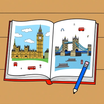 A large open notebook with visible pages is placed on a wooden table. The pages feature colorful illustrations of famous London landmarks. "Big Ben" is depicted with its iconic clock tower, surrounded by blue skies and fluffy white clouds. Nearby, "Tower Bridge" is illustrated with its distinctive towers and the river below, with small boats sailing. There are playful doodles of London buses and telephone boxes scattered around the landmarks. The notebook has a red cover, and a pencil rests beside it.