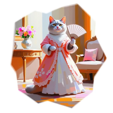 A Victorian cat with light gray fur is standing upright on its hind legs. The cat is dressed in an elaborate gown made of rich, flowing fabric adorned with intricate lace and floral patterns. The gown features puff sleeves and a long skirt that trails elegantly behind it. In one paw, the cat is gracefully holding a delicate fan, opening it slightly to reveal detailed designs. The cat's eyes are bright and expressive, showcasing a sense of curiosity and charm. The background features an ornate Victorian parlor with rich colors and vintage furniture.