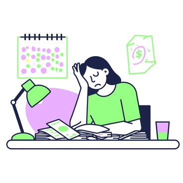 A person is sitting at a table, looking stressed while surrounded by a pile of bills. The individual has their head resting on one hand, and their facial expression shows signs of worry. The table is cluttered with various bills, some opened and others stacked. A small desk lamp emits light, casting shadows on the papers. In the background, a calendar hangs on the wall, with a few dates circled in red. A glass of water sits beside the person, adding to the scene.