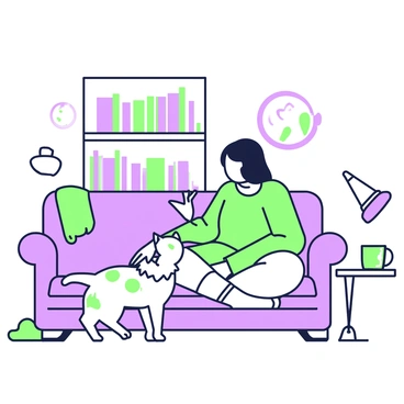 A cozy living room scene features a person sitting comfortably on a plush sofa. The person has their hand extended, while a cat is nuzzling affectionately against their hand. The cat is fluffy with distinctive patterns on its fur. Around them, there are soft cushions and a warm blanket draped over the sofa. In the background, a bookshelf filled with books and a small table with a steaming mug can be seen. A gentle light from a nearby lamp illuminates the scene, creating a warm atmosphere.