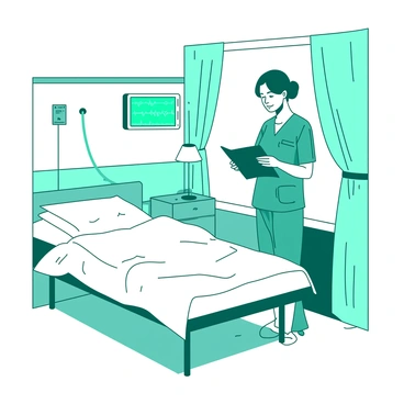A teal midwife is standing beside a white hospital bed in a softly lit hospital ward. The midwife is wearing scrubs and has a focused expression as she checks a patient’s chart. There is a small white lamp on a nearby nightstand, casting gentle light across the room. In the background, a teal monitor is displaying vital signs, and a white curtain separates the ward from another section. The atmosphere is calm and quiet, with soft shadows creating a sense of serenity in the space.