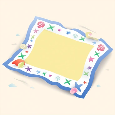 A large beach towel is spread out on the sand, displaying a solid color in the center. The edges of the towel are adorned with an elegant border featuring various shells and sea stars. The shells include different shapes and colors, such as spiral and scallop designs, while the sea stars are vividly colored, adding a playful touch to the towel's design. The sunlight casts soft shadows on the sand, highlighting the intricate details of the border and contrasting against the solid background.