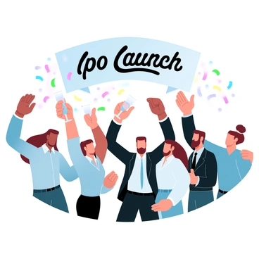 A group of business executives is gathered at an IPO launch ceremony. They are standing together, dressed in formal attire, with smiles on their faces as they raise glasses of champagne in celebration. Colorful confetti is falling from above, creating a festive atmosphere. Some executives are clapping their hands, while others are engaging in conversation, creating a sense of camaraderie. In the background, a large banner displays the words "IPO Launch" in bold letters, adding to the celebratory mood.