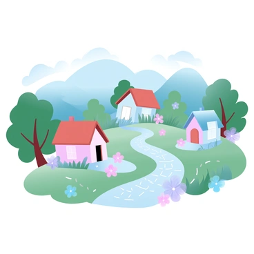 A small village with tiny houses painted in various vibrant colors is nestled among lush greenery. The houses have sloping roofs and are grouped closely together, creating a cozy atmosphere. Winding cobblestone roads connect the houses, leading into the heart of the village. Surrounding the village are vibrant flower beds filled with blossoms of different shapes and colors, contributing to the cheerful scene. In the background, gentle hills rise, enhancing the charm of the village setting.