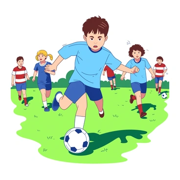 A young boy wearing a blue jersey and matching shorts is enthusiastically kicking a white soccer ball on a vibrant green grassy field. He has short brown hair and a determined expression on his face as he makes contact with the ball. Surrounding him, other children dressed in colorful jerseys are engaged in the match, with some running in the background and others watching eagerly. The sun is shining brightly, casting soft shadows on the field as the game unfolds.