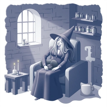 A medieval witch is seated comfortably in her rustic cottage. She has long, flowing hair and is dressed in a simple, dark gown. The room is filled with wooden furniture and shelves lined with jars of herbs and potions. A black cat is curled up on her lap, its eyes closed in a peaceful slumber. Sunlight filters through a small window, casting soft shadows on the stone walls. There are candles flickering on a nearby table, adding a warm ambiance to the scene.
