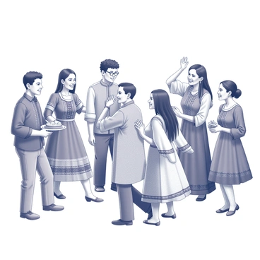 A gathering of people from various cultures. Individuals are dressed in traditional clothing, showcasing intricate patterns and designs. Each outfit represents a different heritage, with distinctive styles and accessories. The scene includes a variety of festive activities, such as dancing and sharing food. Decorations are present, enhancing the atmosphere of joy and unity. The expressions of the participants convey a sense of happiness and pride in their cultural identities.