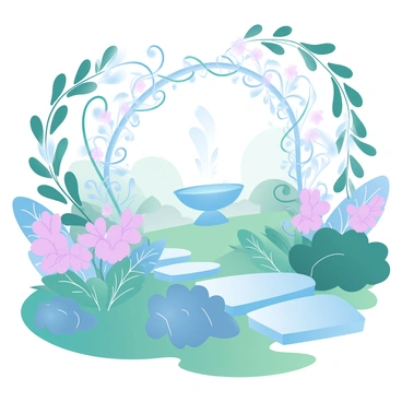 A lush garden is filled with various art nouveau-inspired plants and flowers. The plants exhibit elegant, flowing lines with intricate leaf patterns. Brightly colored flowers bloom throughout the garden, showcasing organic shapes and delicate curves. Vines snake around ornate trellises, enhancing the garden's charm. The ground is covered in soft, green grass, with stone pathways winding through the vibrant flora. In the background, a graceful fountain with flowing water sits, surrounded by blooming shrubs.