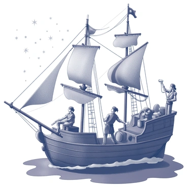 A pirate ship with three tall masts is anchored gently on dark waters. The deck is wooden and worn, with ropes and sails coiled neatly. Several pirates are scattered across the deck, gazing up at a multitude of stars in the night sky. One pirate stands at the bow, leaning on the railing with a telescope in hand, while others recline against barrels, pointing toward constellations above. Their clothing is rugged, with bandanas and eye patches, adding to their adventurous appearance. The moonlight casts shadows and highlights across their faces, while soft waves lap against the sides of the ship.