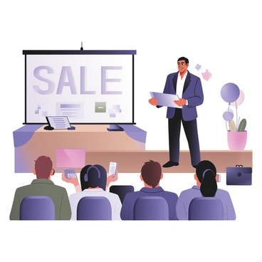 A sales person stands confidently on a stage, holding a sleek, modern product. The sales person has medium skin and short dark hair, wearing a tailored navy suit and a white shirt. The backdrop features a large screen displaying the product's logo in bold letters. In front of the stage, a diverse audience is gathered, all facing the presenter with expressions of excitement and curiosity. Some audience members are taking notes, while others are capturing the moment with their smartphones. The venue is well-lit, and there are decorative elements like banners and balloons in the colors of the product branding.