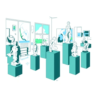 A white art room filled with various student-created sculptures displayed on teal pedestals. The sculptures vary in shape and size, showcasing creativity and craftsmanship. Some pedestals hold abstract designs, while others feature more realistic figures. The walls of the room are adorned with colorful drawings and paintings created by the students. Soft natural light streams in through large windows, illuminating the sculptures and highlighting their details.