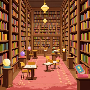A vast ancient library with tall, wooden bookshelves that stretch towards the ceiling, filled with countless books of various sizes and colors. The library is illuminated by warm, golden light coming from ornate chandeliers hanging above. Magical artifacts are displayed on pedestals throughout the library, including a shimmering globe, a crystal orb emitting a soft glow, and an intricately designed hourglass. A dusty, richly patterned carpet covers the floor, and several reading tables with comfortable chairs are scattered around, inviting visitors to explore the knowledge within.