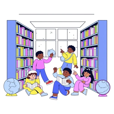 A group of children is exploring a vast library. They are surrounded by towering bookshelves filled with colorful books of various sizes. The children are engaged in different activities; one child is reaching for a book on a high shelf, another is sitting on the floor, flipping through the pages of a large picture book, and a third is pointing excitedly at a shelf filled with adventure stories. The library has large windows allowing light to flood in, illuminating the dust motes in the air. Decorative globes and maps are scattered around, adding to the ambiance of exploration and discovery.