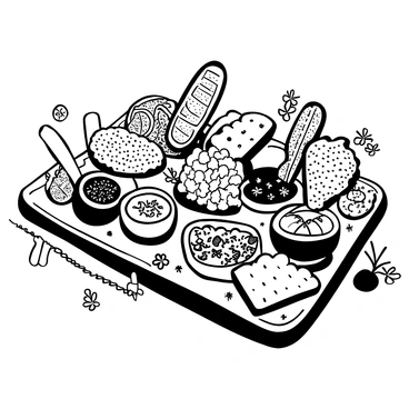 A large wooden charcuterie board filled with a variety of artisanal breads arranged in different shapes and sizes. There are slices of baguette, ciabatta, and sourdough, each with distinct textures. Surrounding the breads are small bowls filled with various spreads, including a creamy goat cheese, a rich olive tapenade, and a vibrant herb pesto, all presented with intricate detailing. In addition, there are clusters of nuts and sprigs of fresh herbs placed throughout the board for added texture. The scene is complemented by a few slices of cheese and some figs arranged artistically to enhance the overall visual appeal.