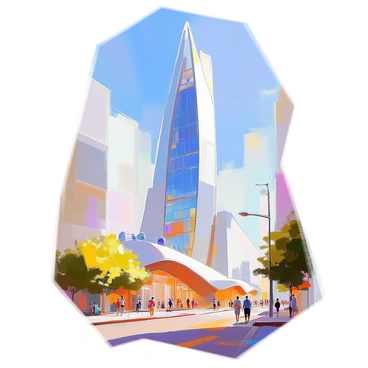 A sleek, modern skyscraper in a bustling urban setting, featuring a futuristic design with a glass facade reflecting sunlight. The building is tall and slender, with sharp angles and an intricate pattern of windows creating visual interest. Surrounding the skyscraper are smaller buildings, trees, and people walking on the sidewalk. The sky is clear, emphasizing the height and elegance of the structure against the backdrop of a vibrant city skyline.