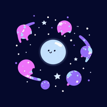 A small, glowing anion with a round shape, emitting a soft blue light. It floats peacefully in the vastness of space, surrounded by numerous twinkling stars that are scattered across the dark background. Colorful nebulae in shades of pink, purple, and turquoise swirl around the anion, creating a vibrant cosmic scene. The overall composition highlights the contrast between the luminous anion and the colorful nebulae.