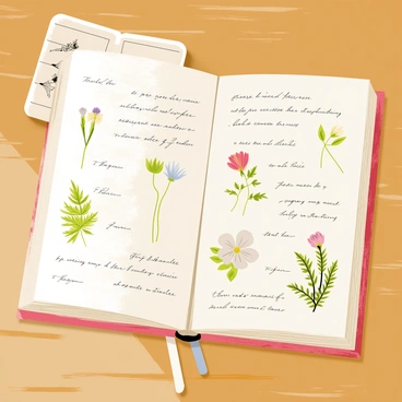 An open journal resting on a wooden table. The pages of the journal are filled with detailed botanical sketches depicting various plants and flowers. Each sketch is accompanied by handwritten notes in the margins, describing the characteristics of the plants. The journal has a leather cover that shows slight wear, suggesting it has been used frequently. Some loose leaves with additional sketches are placed beside the journal, adding to the organic feel of the scene. Natural light illuminates the sketches, highlighting the intricate details of the plants.
