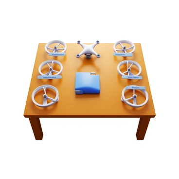 A drone assembly kit with various labeled parts including rotors, a main body, and a battery laid out neatly on a wooden table. Each part is clearly visible and organized, with labels showing their names and functions. The background is a simple, clean surface that emphasizes the components of the kit.