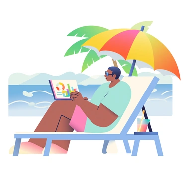 A CEO with light brown skin and short black hair is sitting on a white lounge chair on a tropical beach. The CEO is wearing sunglasses and a light blue, short-sleeve shirt, and they have a relaxed posture as they lean back. An open laptop rests on their lap, displaying colorful graphs and charts. A large, colorful sun umbrella provides shade, with vibrant patterns in shades of yellow and orange. In the background, gentle waves are lapping at the shore, and there are palm trees swaying softly in the breeze. A refreshing drink with a straw is placed on a small table beside the lounge chair.