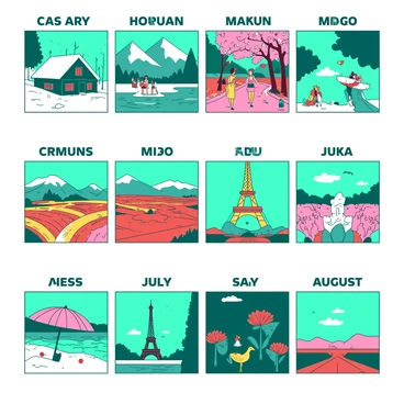 A duotone illustration features twelve distinct sections, each representing a different month of the year. Each section showcases a popular travel destination. In January, there is a snowy scene of a mountain resort with a teal cabin surrounded by white trees. February displays a vibrant carnival in Rio de Janeiro, with people in colorful costumes dancing. March features the cherry blossoms of Tokyo, with delicate pink flowers blooming along a path. April highlights the tulip fields in the Netherlands, with rows of orange and yellow flowers stretching across the landscape. May depicts a sunny beach in Bali, with white sand and teal waves lapping at the shore. June showcases the iconic Eiffel Tower in Paris, surrounded by red roses in full bloom. July presents a festive Fourth of July celebration in New York, with teal fireworks lighting up the night sky. August illustrates a safari in the African savanna, with a teal sunset backdrop and silhouettes of wild animals.