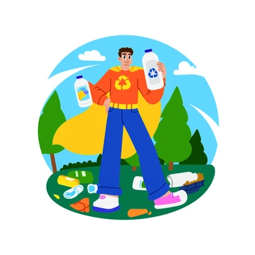 A superhero wearing a bright costume with a cape made from colorful recycled materials, such as plastic bottles and fabric scraps. The superhero stands confidently with a determined expression, surrounded by a variety of litter including empty bottles, cans, and other trash. In one hand, the superhero holds a large, sparkling clean water bottle, and in the other, a recycling symbol that glows with a vibrant energy. The background shows a clear blue sky and lush green trees, symbolizing a clean and healthy planet. The superhero's cape flutters dramatically in the breeze.