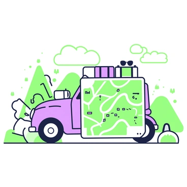 A road trip scene unfolds with a car parked beside the road. The vehicle is compact and brightly colored, with luggage secured on the roof. Next to the car, a large map is spread out on the hood, displaying various fractional segments of the journey covered. The map features winding roads, dotted lines indicating routes taken, and small icons representing landmarks. In the background, there are rolling hills and scattered trees framing the scene. A couple of travel mugs sit on the roof of the car, and a pair of sunglasses rests nearby, hinting at a sunny adventure ahead.
