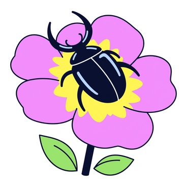 A Hercules beetle with a shiny black exoskeleton is positioned on a vibrant flower. The flower has large, colorful petals in shades of pink, yellow, and purple that radiate outward. The beetle's horns are prominent and curved, adding to its distinct silhouette. The petals gently cradle the beetle, and a few green leaves are visible in the background, providing contrast to the vivid colors of the flower.