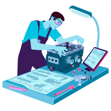 A focused engineer with short brown hair and wearing safety goggles is bent over a car engine, inspecting its components. The engineer is dressed in a blue work shirt and black pants, displaying a look of concentration. Surrounding the engineer are detailed blueprints spread out on a cluttered workbench, showing various designs and measurements of the car parts. Various tools are scattered around, including wrenches, screwdrivers, and a digital tablet displaying technical specifications. A bright overhead light illuminates the workspace, highlighting the intricate details of the engine and the engineer's meticulous work.