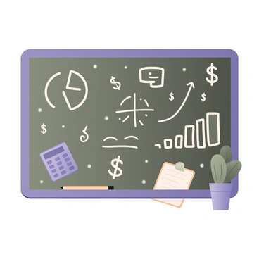 A digital flat illustration of a chalkboard filled with a financial plan. The chalkboard background is dark green, and the drawings are in white chalk. There are simple sketches of a pie chart representing budget distribution, a bar graph depicting revenue growth, and various dollar signs scattered around. Next to these illustrations, there are doodles of a calculator and a notepad. A pencil rests on the bottom corner of the chalkboard, and there is a small plant next to the chalkboard, adding a touch of greenery to the scene.
