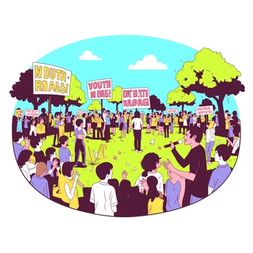 A yellow park filled with green grass under a clear blue sky is alive with activity as a youth rally takes place. Groups of teenagers are scattered throughout the area, holding brightly colored banners with various messages in bold letters. Some teenagers are passionately speaking into microphones, their expressions conveying enthusiasm and determination. Around them, others look on, clapping and engaging, creating a sense of community and energy. Trees provide shade to some participants, while others stand in the open, absorbed in the moment.
