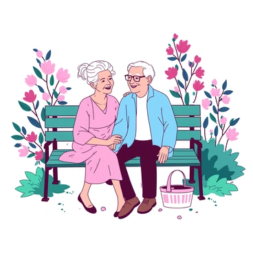 An elderly couple is sitting on a teal park bench, smiling warmly at each other. The man, with white hair and glasses, is wearing a light blue cardigan, while the woman, with silver hair gathered in a bun, is wearing a pink floral dress. They are surrounded by various blooming flowers in vibrant colors, creating a lush spring atmosphere. Soft green grass is visible beneath the bench, and a few petals are gently falling from the nearby trees. The couple has a small white picnic basket beside them, hinting at a delightful afternoon spent together.