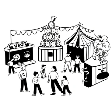 A busy carnival scene featuring a variety of game stalls, each with different activities. Children are gathered around a ring toss game, with some throwing rings and others eagerly watching. Nearby, there is a large stack of balloons in various shapes, displayed prominently at a balloon stand. A cotton candy vendor is seen preparing fluffy treats, while families stroll through the area, enjoying their day at the carnival. The area is filled with festive decorations and large banners hanging above the stalls.