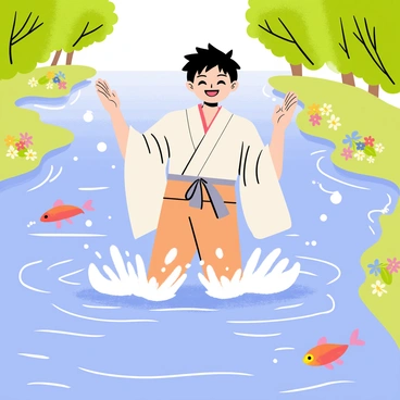 Tanjiro is wading through a clear blue river with sunlight sparkling on the water's surface. He has a joyful expression as he splashes water around with his hands. Lush green trees line the riverbank, and colorful flowers are blooming nearby. Fish can be seen swimming in the water, adding liveliness to the scene. Tanjiro's signature haori billows slightly as he moves, and there are small droplets of water glistening in the air around him.