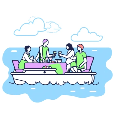 A yacht is floating on calm waters under a clear sky. On the deck, a beautifully arranged table displays various aperitifs, including colorful cocktails garnished with fruits and herbs. Glasses are clinking as guests gather around the table, smiling and engaging in conversation. Some guests are seated on stylish lounge chairs, while others stand, enjoying the warm sea breeze. The backdrop includes the vast ocean stretching towards the horizon, with gentle waves lapping against the yacht.