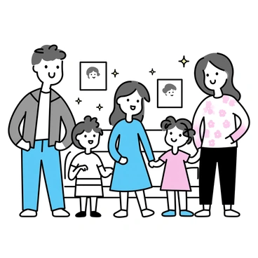 A family portrait featuring "Juliet" in the center, surrounded by her "parents" and "siblings." "Juliet" has long brown hair and is wearing a light blue dress. Her "father," wearing a plaid shirt and jeans, stands on one side with a smile. Her "mother," dressed in a floral blouse and dark pants, stands on the other side, holding Juliet's hand. "Juliet's siblings" are positioned nearby, with one brother in a t-shirt and shorts and a sister in a pink dress with pigtails. The background showcases a cozy home setting, with a soft sofa and family photos on the walls.